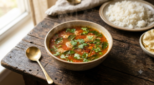 Rasam Recipe Tomato Puree in a bowl with coriander garnish and steamed rice blurred in the background