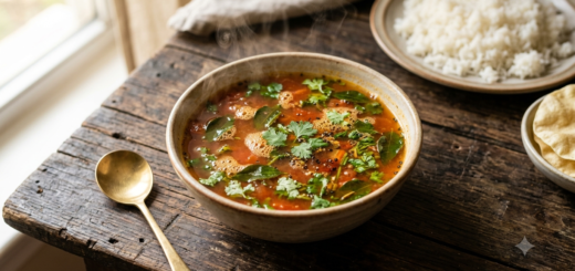 Rasam Recipe Tomato Puree in a bowl with coriander garnish and steamed rice blurred in the background