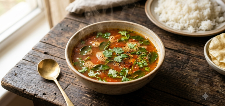 Rasam Recipe Tomato Puree in a bowl with coriander garnish and steamed rice blurred in the background