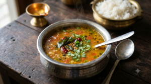 Rasam Recipe Udupi Style in a bowl garnished with coriander, served with steamed rice