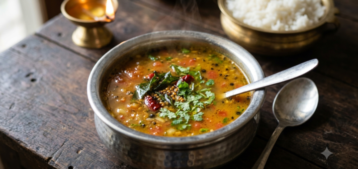 Rasam Recipe Udupi Style in a bowl garnished with coriander, served with steamed rice