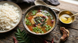 rasam recipe with dal served hot in a bowl with steamed rice and ghee