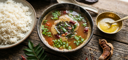 rasam recipe with dal served hot in a bowl with steamed rice and ghee