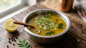Rasam recipe without tomato served hot in a steel bowl with coriander and lemon
