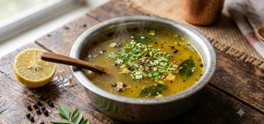 Rasam recipe without tomato served hot in a steel bowl with coriander and lemon