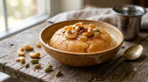 Rava Kesari Coconut Milk garnished with cashews in a white bowl