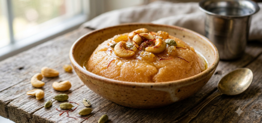 Rava Kesari Coconut Milk garnished with cashews in a white bowl
