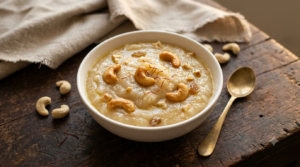 Rava Kesari Milk Ingredients cooked into a creamy golden semolina sweet, garnished with cashews and saffron