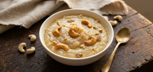 Rava Kesari Milk Ingredients cooked into a creamy golden semolina sweet, garnished with cashews and saffron
