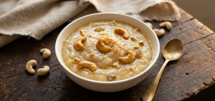 Rava Kesari Milk Ingredients cooked into a creamy golden semolina sweet, garnished with cashews and saffron