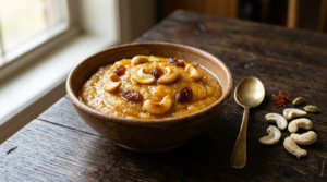 Rava Kesari Recipe Ingredients cooked into soft golden South Indian semolina kesari garnished with cashews