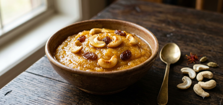 Rava Kesari Recipe Ingredients cooked into soft golden South Indian semolina kesari garnished with cashews