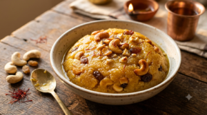Rava kesari with condensed milk in a bowl, garnished with cashews and saffron