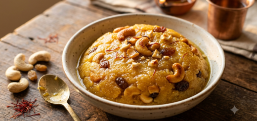 Rava kesari with condensed milk in a bowl, garnished with cashews and saffron