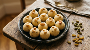 Rava Laddu Condensed Milk — soft semolina laddus topped with cashews on a plate