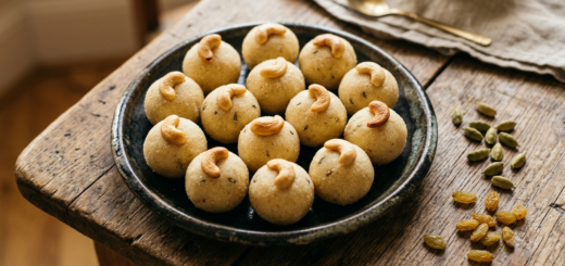 Rava Laddu Condensed Milk — soft semolina laddus topped with cashews on a plate