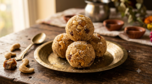 rava laddu with jaggery on a plate garnished with cashews and coconut