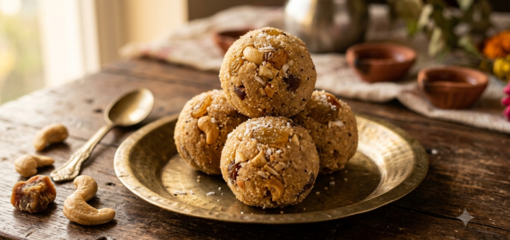 rava laddu with jaggery on a plate garnished with cashews and coconut