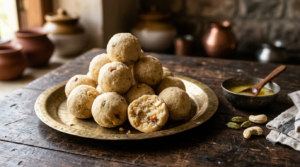 Rava laddu without coconut — soft semolina balls with cardamom and cashews on a plate