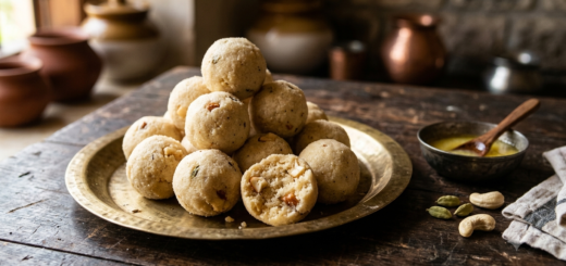 Rava laddu without coconut — soft semolina balls with cardamom and cashews on a plate