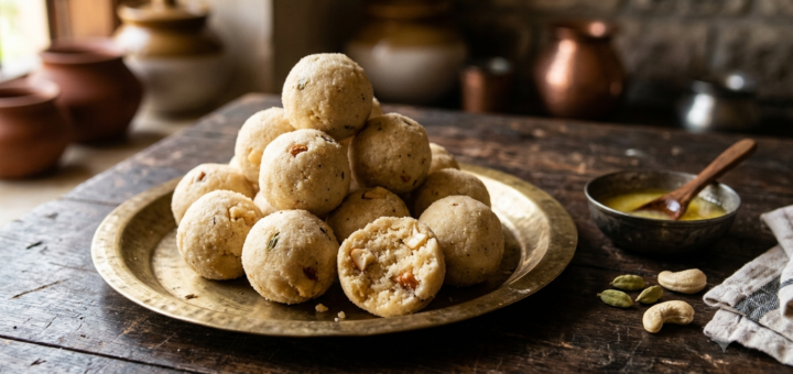 Rava laddu without coconut — soft semolina balls with cardamom and cashews on a plate