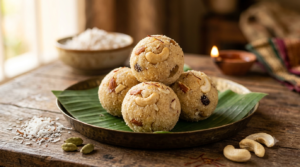 Rava laddu with coconut garnished with cashews on a festive plate