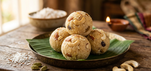 Rava laddu with coconut garnished with cashews on a festive plate