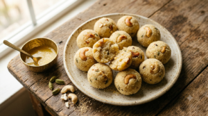 Rava laddu recipe – soft sooji laddus with cashews and cardamom on a plate