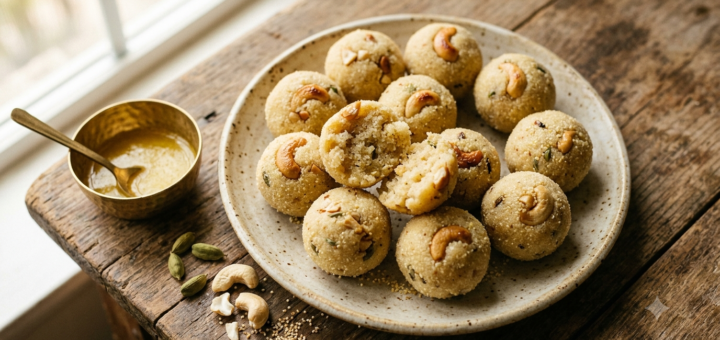 Rava laddu recipe – soft sooji laddus with cashews and cardamom on a plate