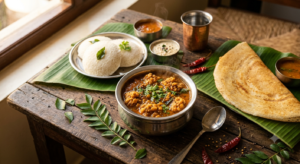 Saravana Bhavan Vada Curry served hot with idli and set dosa