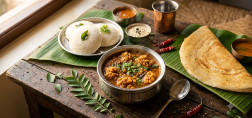Saravana Bhavan Vada Curry served hot with idli and set dosa