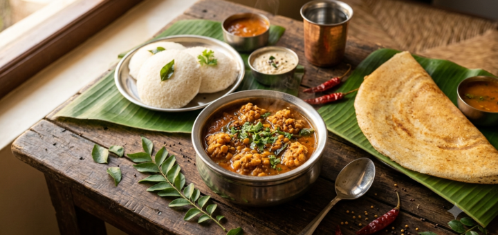 Saravana Bhavan Vada Curry served hot with idli and set dosa