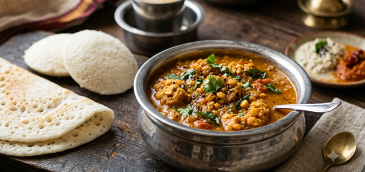 Saravana Bhavan vada curry served with South Indian tiffin