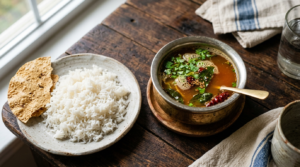 Traditional Tamilnadu Rasam Recipe served hot in a bowl with coriander garnish and rice