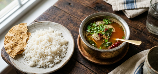 Traditional Tamilnadu Rasam Recipe served hot in a bowl with coriander garnish and rice