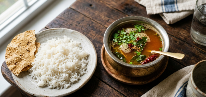 Traditional Tamilnadu Rasam Recipe served hot in a bowl with coriander garnish and rice