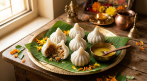 Soft steamed ukadiche modak recipe – rice-flour modaks with coconut-jaggery filling on a plate