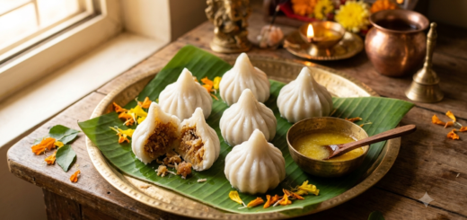 Soft steamed ukadiche modak recipe – rice-flour modaks with coconut-jaggery filling on a plate