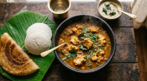 Steamed vada curry without frying served in a bowl with idli and dosa