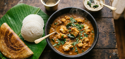 Steamed vada curry without frying served in a bowl with idli and dosa