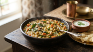 Bisi bath with sambar powder served hot with vegetables