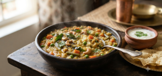 Bisi bath with sambar powder served hot with vegetables