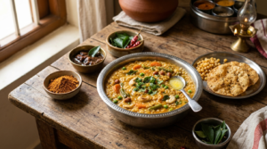 Bisi bath with sambar powder served hot with rice, dal and mixed vegetables