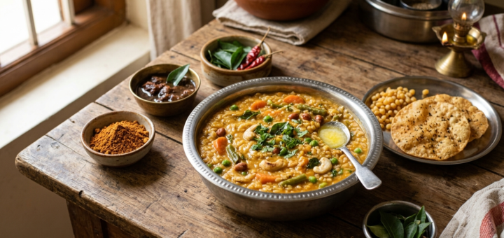 Bisi bath with sambar powder served hot with rice, dal and mixed vegetables