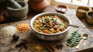 Bisi Bele Bath ingredients with rice, dal and mixed vegetables