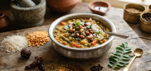 Bisi Bele Bath ingredients with rice, dal and mixed vegetables