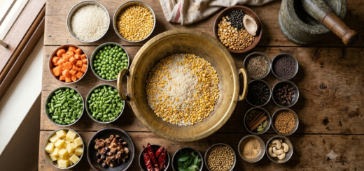 Bisi bele bath ingredients including rice, toor dal, mixed vegetables, tamarind and spices
