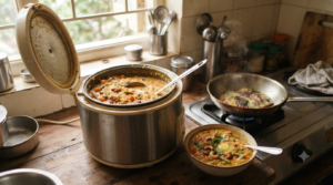 Bisi Bele Bath Recipe in rice cooker with vegetables and tempering
