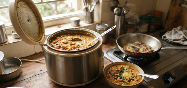 Bisi Bele Bath Recipe in rice cooker with vegetables and tempering