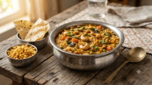 Bisibelebath cooked rice served hot with vegetables, ghee and crispy papad